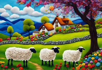 Fototapeta premium Felt art picture of a flock of sheep on meadow with multi-colored flowers, houses, trees, hills, sky, clouds.