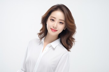 Charming Asian Employee, In a striking portrait, a young Asian businesswoman emanates elegance and professionalism against a simple white background. Generative AI.