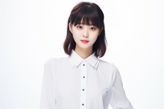 Charming Asian Employee, In a striking portrait, a young Asian businesswoman emanates elegance and professionalism against a simple white background. Generative AI.