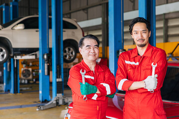 Portrait Asian Japanese male mechanic workers team in auto service workshop car maintenance center...