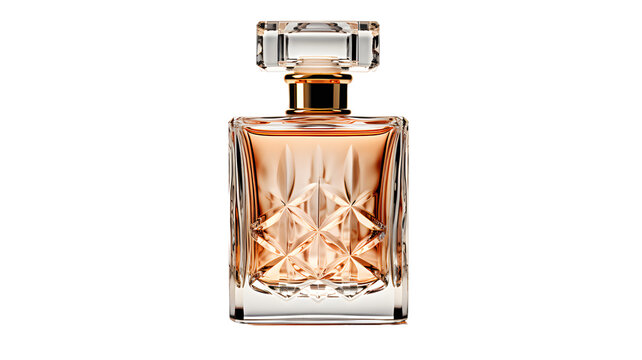 Transparent bottle of perfume, empty perfume bottle mockup, isolated, transparent PNG background