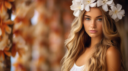 Naklejka premium Beautiful girl in a wreath of Plumerias against a background of blurred palm trees