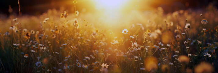 Beautiful field of wild flowers at sunset