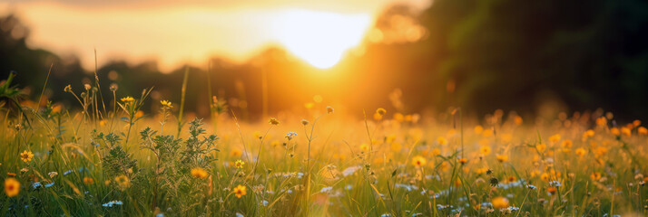 Beautiful field of wild flowers at sunset