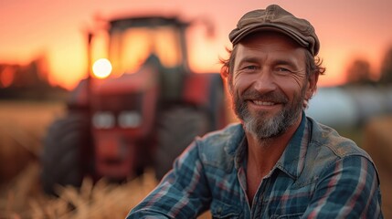 A happy farmer standing in front of a tractor in field at sunset. Generative AI. - obrazy, fototapety, plakaty