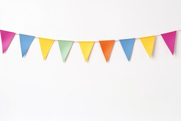 Carnival garland with flags on white background. Birthday celebration, festival and bright decoration with copy space - obrazy, fototapety, plakaty