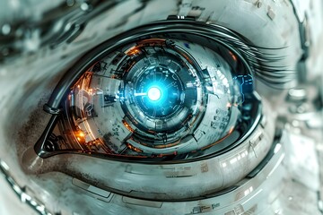 Humanoid robot close up blue light eye