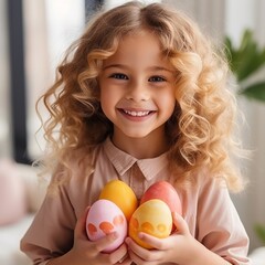 Fototapeta na wymiar Beautiful smiling kid holding chocolate easter eggs. Happy child celebrating easter a Christian holiday. Religious tradition celebration. Adorable cheerful girl holding chocolate easter eggs at home.