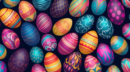 Fototapeta na wymiar Beautiful seamless pattern of decorated easter eggs. Christian holiday, Easter concept. Colorfully decorated eggshells. A pattern of colorful eggs on a dark background. Wrapping concept.