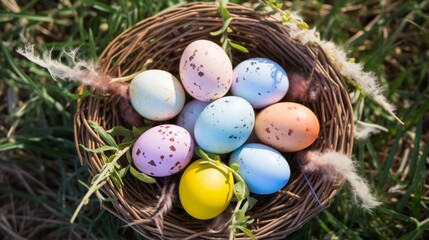 Obraz premium Composition of decorated colorful easter eggs sitting in a basket outdoors on a nice warm sunny day. Bright easter eggs in a natural wood basket in a spring natural landscape. Religious tradition.