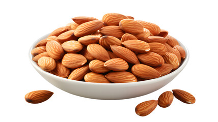 Bowl full of almonds isolated on white background, transparent PNG background