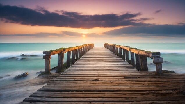 morning landscape with a wooden pier in the ocean