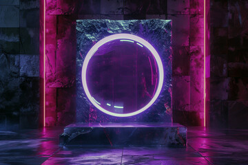 Digital futuristic large round glowing portal. Portal is illuminated with bright pink and purple light