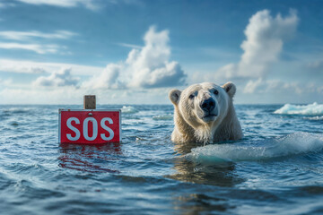 Polar Bear on Melting Ice Floe with SOS Sign - obrazy, fototapety, plakaty