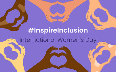 Inspire Inclusion slogan International Women's Day 8 march 2024. Iwd world campaign. Vector women's hands on heart gesture on violet background