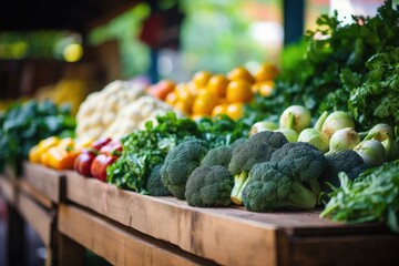 At the farmers market, a diverse selection of fresh vegetables adorns the counter, showcasing the season's harvest in vibrant hues.