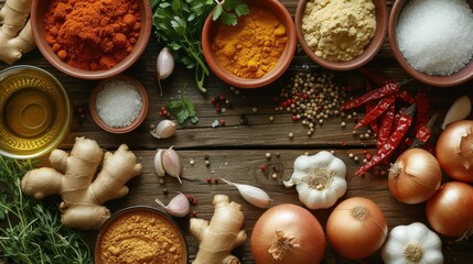 A wooden kitchen table covered with ingredients, including onions, fresh ginger and garlic, red chili powder, turmeric powder, vegetable oil , Salt, pepper corns, Top view. Generative AI.