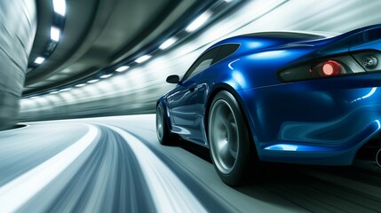 Fototapeta premium A thrilling scene unfolds as a blue business car speeds through a turn on a high-speed highway 