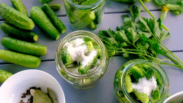 preservation of cucumbers in jars. Selective focus.