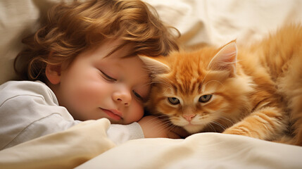Small child lies on a bed with a cat. Kitten and baby childhood friendship. Baby and cat. Child and Kitten lying together on the bed