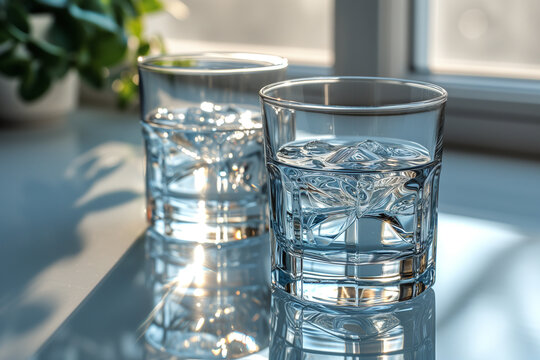 two glasses of clean water with ice on the windowsill against the background of the window