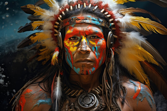 male native American, vibrant portrait, swirling color. a young man, a warrior in an ethnic costume with feathers. indian. dark background.
