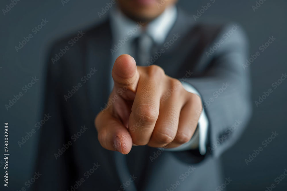 Aufkleber Modern futuristic businessman pointing his finger up pressing an empty virtual touch screen, Businessman finger point to empty space. Generative AI.
