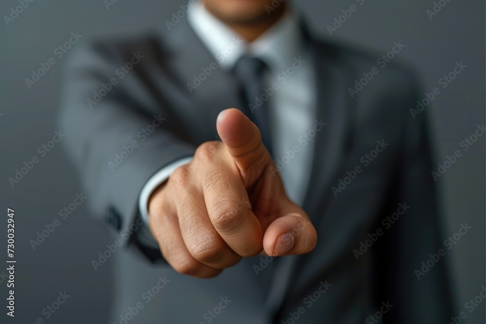 Aufkleber Modern futuristic businessman pointing his finger up pressing an empty virtual touch screen, Businessman finger point to empty space. Generative AI.