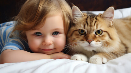 Small child lies on a bed with a cat. Kitten and baby childhood friendship. Baby and cat. Child and Kitten lying together on the bed