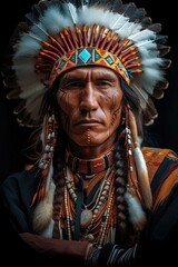 Native American Indian with traditional clothing and Turquoise jewelry, dark black background. Generative AI.