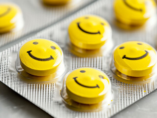 Smiley face in blister pack, closeup. Health care and medicine concept. Smiling yellow pills in blister pack. Focus on smiley pills. 