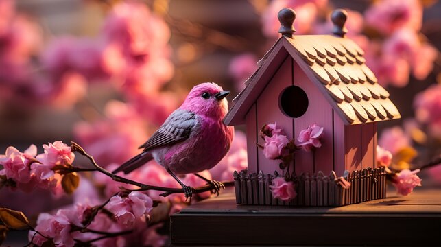 A beautiful  bird sitting on top of a birdhouse, a beautiful birdhouse on a branch with blooming pink flowers and a flying bird