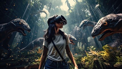 wearing a virtual reality headset and real dinosaurs. VR glasses - obrazy, fototapety, plakaty