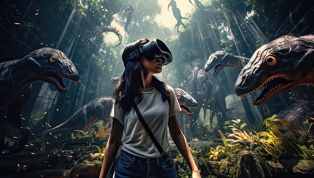 Wearing A Virtual Reality Headset And Real Dinosaurs. VR Glasses