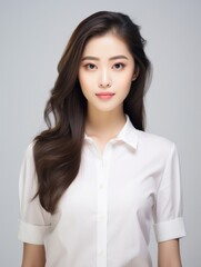 Elegant Asian Executive, Graceful and confident, an Asian businesswoman office woman shines in a captivating portrait set against a clean white background. Generative AI.