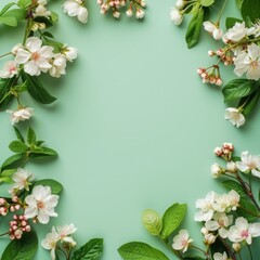 flowers on mint background with space for text.