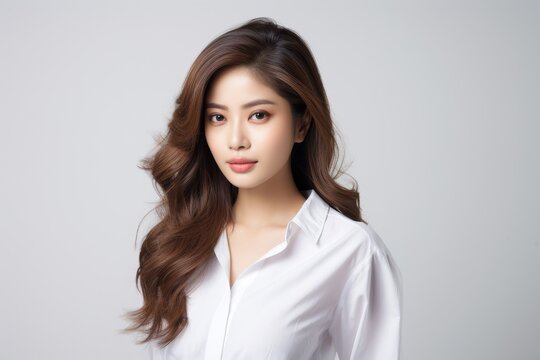 Elegant Asian Executive, Graceful and confident, an Asian businesswoman office woman shines in a captivating portrait set against a clean white background. Generative AI.
