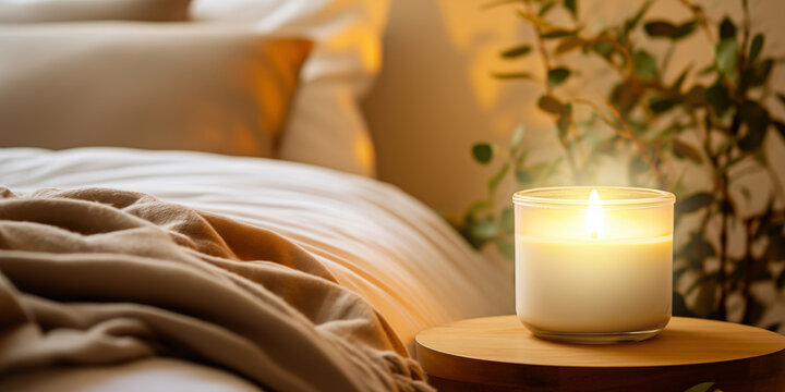 Wooden table with candle near bed. Empty bedstead and houseplant in bedroom. Crumpled bed linen hangs from bunk