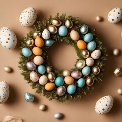 easter eggs and flowers. top view. flat layout style. minimalist pastel background with copy space