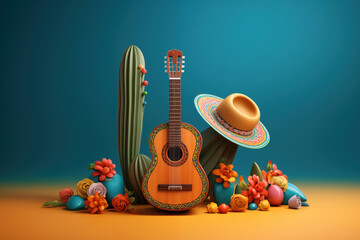 Guitar and mexican hat near cactus. Mexican traditional decoration. Multi-colored stones and flowers near guitar - obrazy, fototapety, plakaty
