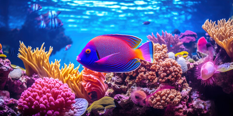 Naklejka na ściany i meble Ocean underwater world with fish and corals. Underwater landscape with sea animals. Fish swimming in aquarium
