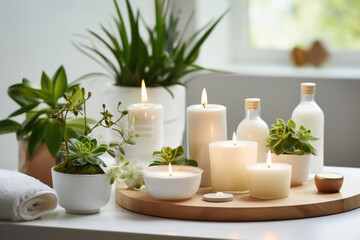Romantic Candlelight: Glowing Aromatic Composition on a Wooden Table with Beautiful Eucalyptus Branches, Creating a Cozy Atmosphere