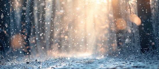 Winter forest with blurred snowflakes in morning light. Snowflakes spin and glow, creating a bokeh abstract background.