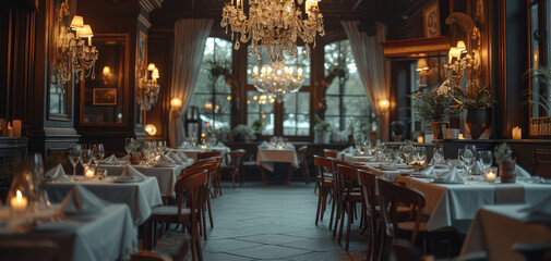 Fototapeta na wymiar An old restaurant with crystal chandeliers, candles on the table. Generative AI.
