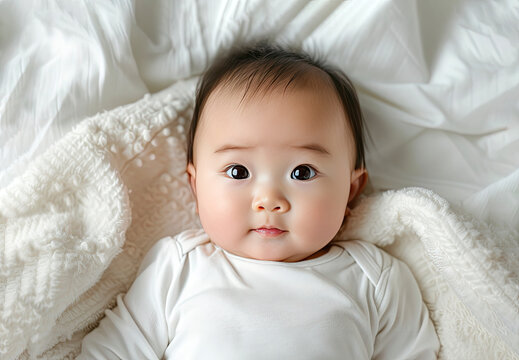 Closeup baby face lying on a white bed top view