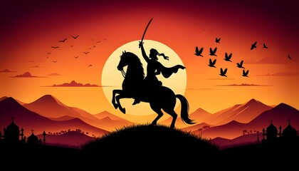Fototapeta premium Silhouette of a indian warrior shivaji maharaj on horse at sunset in flat style.