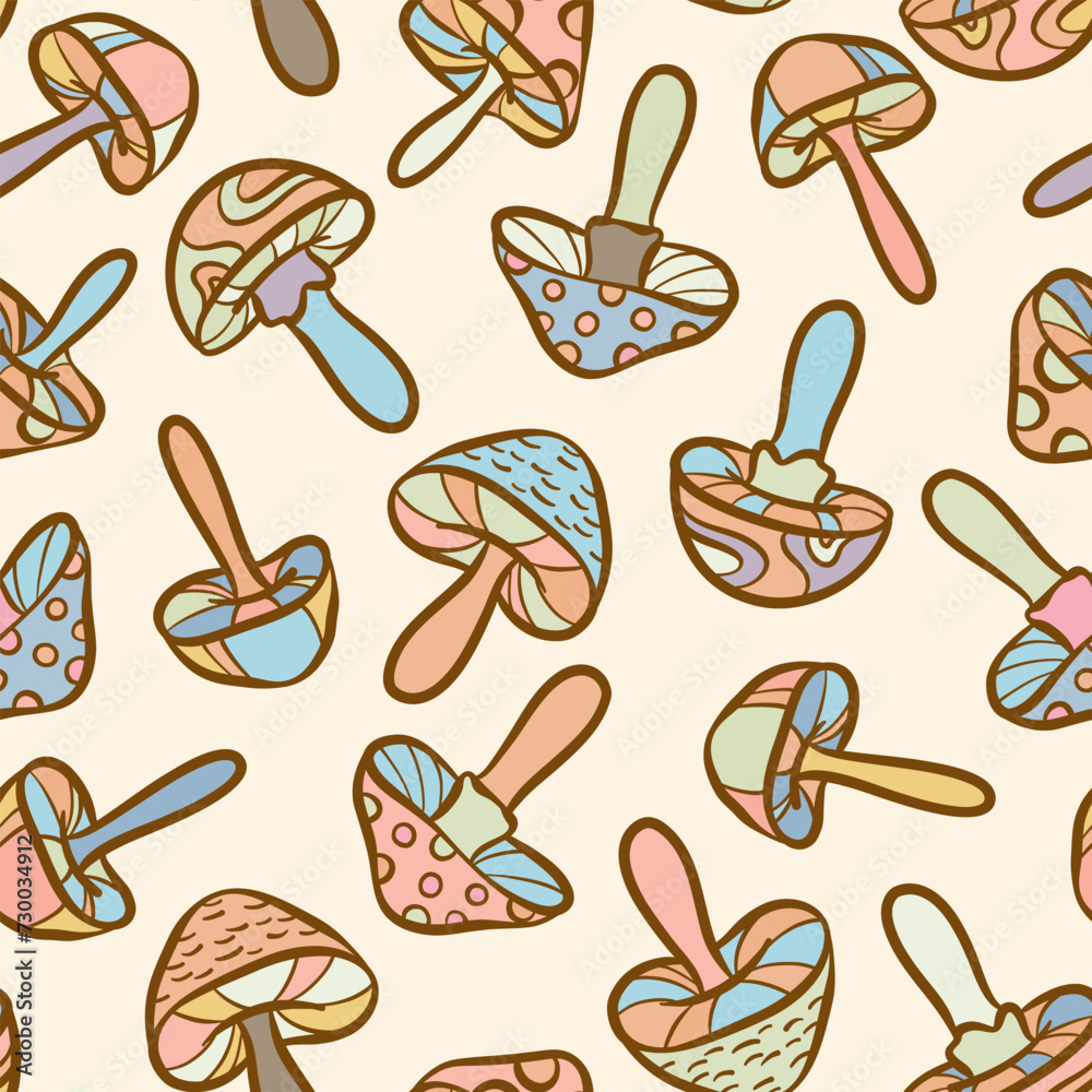 Poster Retro mushroom seamless vector repeat pattern, groovy background design