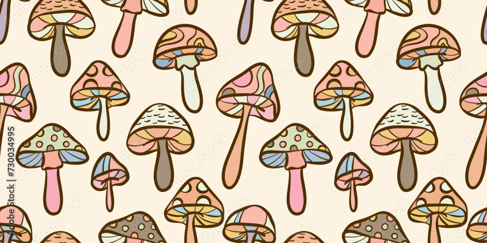 Poster retro groovy mushrooms seamless pattern, colorful vector background design