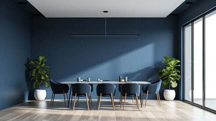 Navy blue room with white walls and black chairs mock, in the style of realistic lighting, 8k...