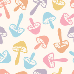 Cute colorful mushroom doodle vector repeat pattern, pastel seamless background